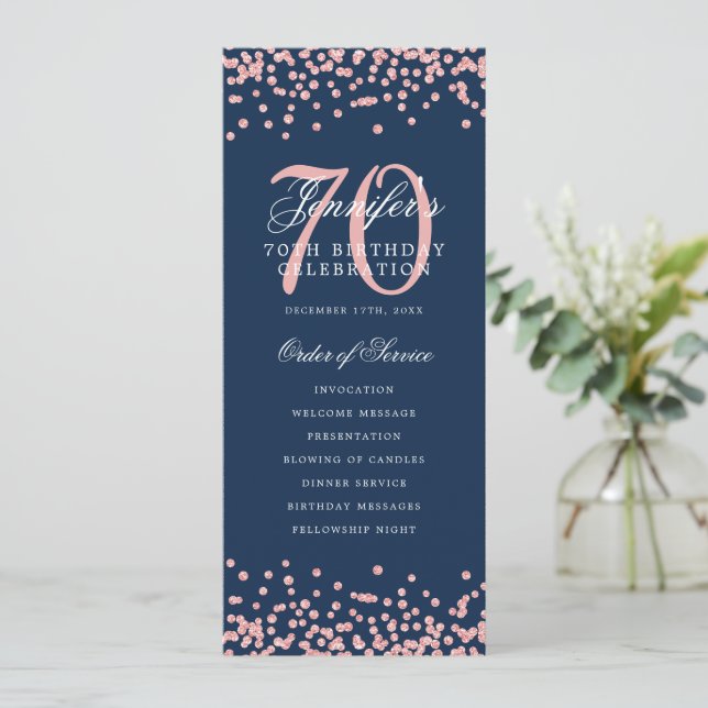 70th Birthday Program Rose Gold Confetti Navy Blue (Standing Front)