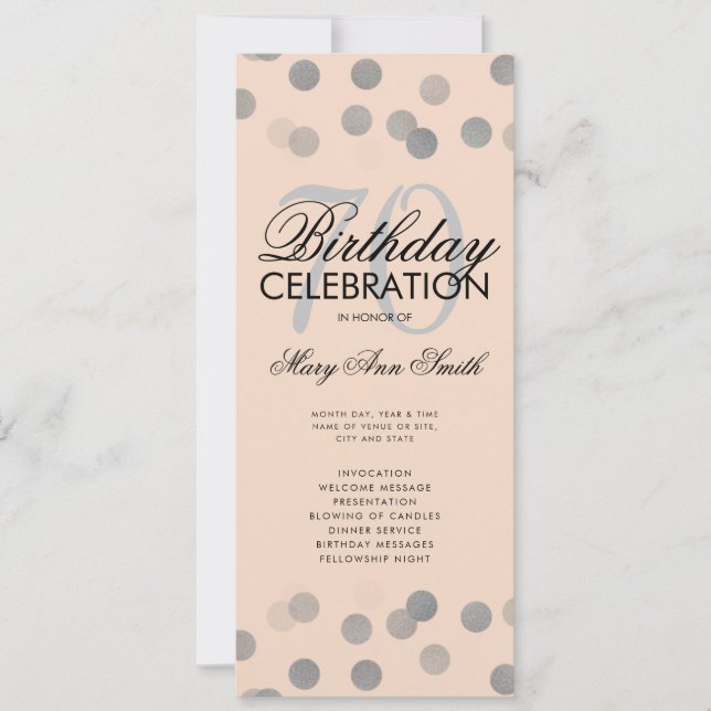 70th Birthday Program Silver Confetti Menu Blush (Front)