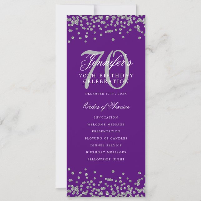 70th Birthday Program Silver Confetti Purple  (Front)