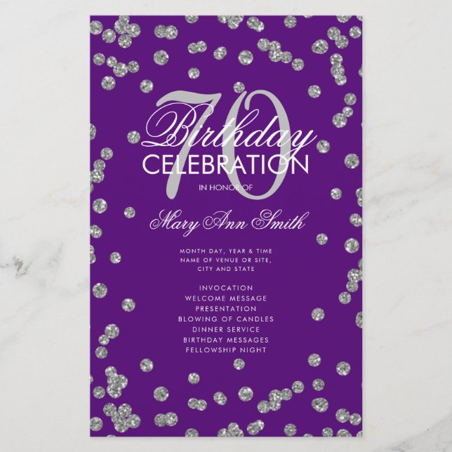70th Birthday Program Silver Glitter Menu Purple  (Front)