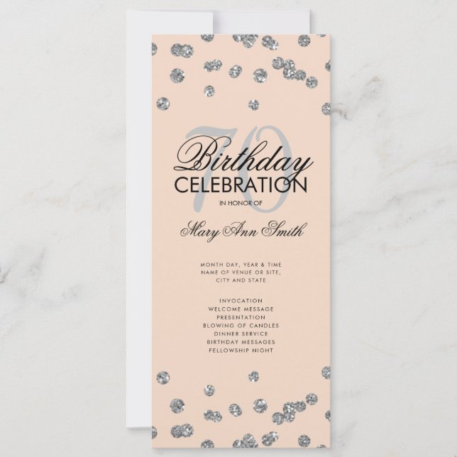 70th Birthday Program Silver Glitter w/ Menu Blush (Front)