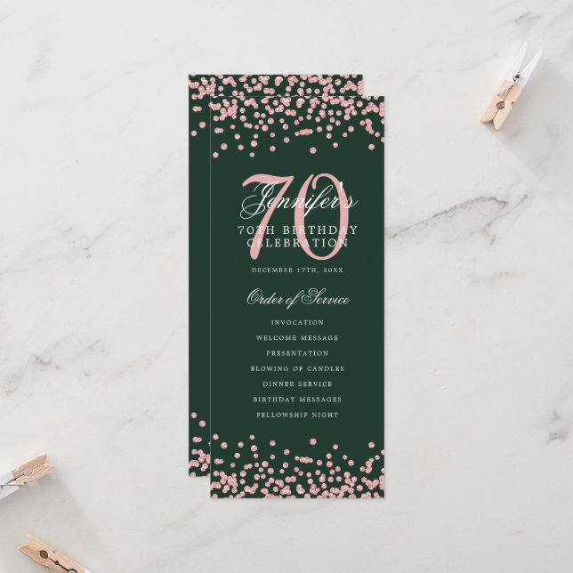 70th Birthday Program Thank You Rose Gold Green  (Front/Back In Situ)