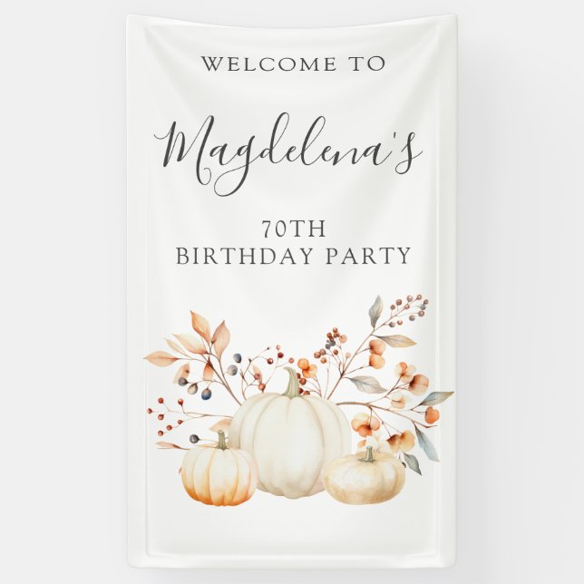 70th Birthday Pumpkin Fall Leaves Vertical Outdoor Banner (Vertical)