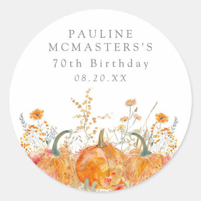 70th Birthday Pumpkin Wildflower Custom Favour Classic Round Sticker (Front)