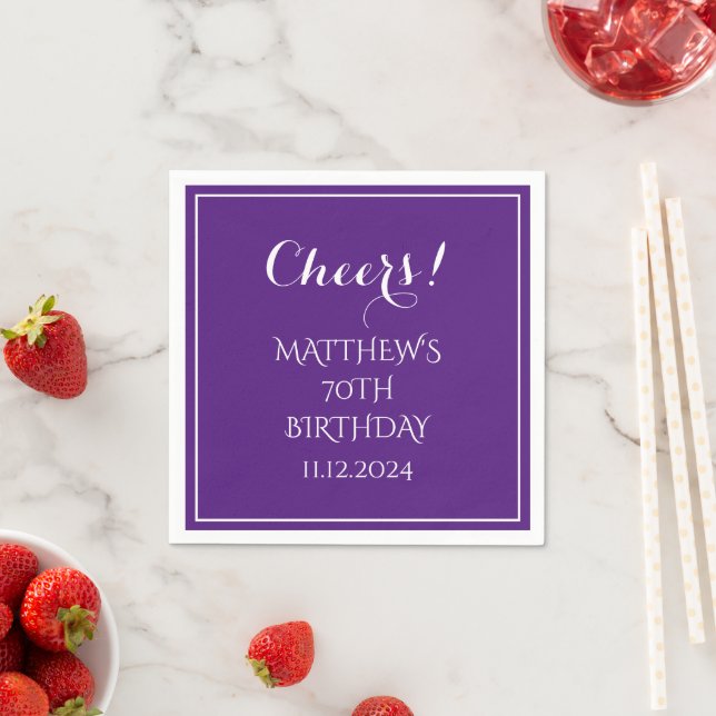 70th Birthday Purple Elegant Script Modern Cheers Napkin (Insitu)