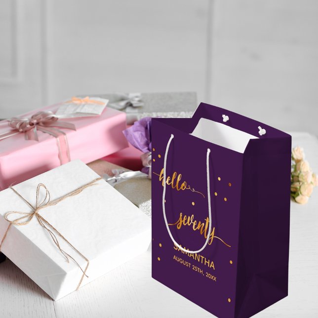 70th birthday purple gold hello 70 name script medium gift bag (Creator Uploaded)