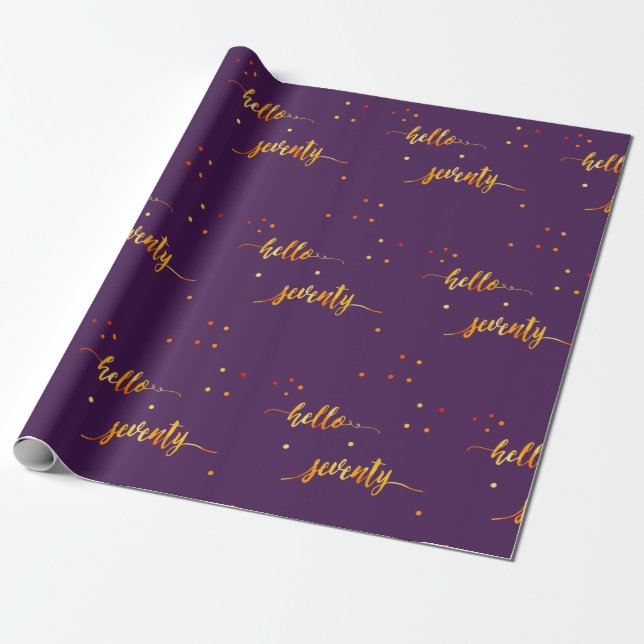 70th birthday purple gold hello 70 typography wrapping paper (Unrolled)