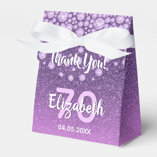 70th birthday purple pink glitter diamonds name favour box (Front Side)