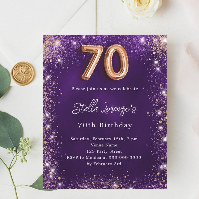 70th Birthday purple rose gold invitation (Creator Uploaded)