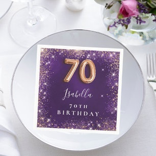 70th birthday purple rose gold sparkles name napkin
