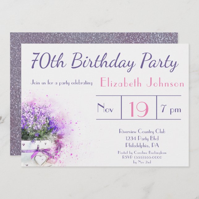 70th Birthday Purple Watercolor Flowers Invitation (Front/Back)