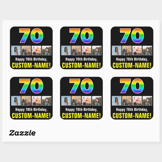 70th Birthday: Rainbow “70”; Custom Photos & Name Square Sticker (Sheet)