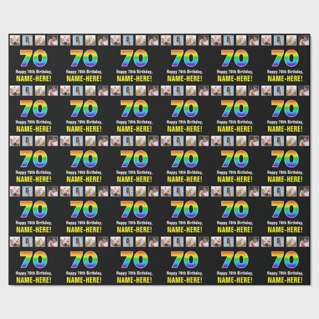 70th Birthday: Rainbow “70“; Custom Photos & Name Wrapping Paper (Seam)
