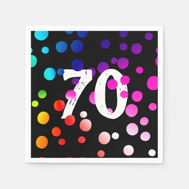 70th Birthday Rainbow Dots on Black Napkin (Front)