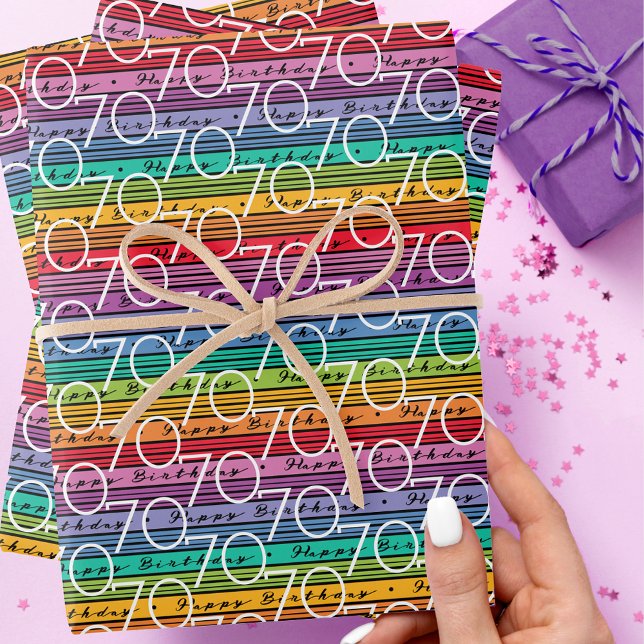 70th Birthday Rainbow Stripes Wrapping Paper Sheet (Creator Uploaded)