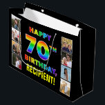 70th Birthday: Rainbow Text, Custom Photos & Name Large Gift Bag<br><div class="desc">This bold and joyful birthday-themed gift bag design features the message “HAPPY 70TH BIRTHDAY, “ with the text having a vibrant rainbow spectrum inspired gradient pattern, along with a customisable recipient name. The photos to the left and the right of the rainbow-patterned message on the front of the card can...</div>