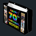70th Birthday: Rainbow Text, Custom Photos & Name Large Gift Bag<br><div class="desc">This bold and joyful birthday-themed gift bag design features the message “HAPPY 70TH BIRTHDAY, “ with the text having a vibrant rainbow spectrum inspired gradient pattern, along with a customisable recipient name. The photos to the left and the right of the rainbow-patterned message on the front of the card can...</div>
