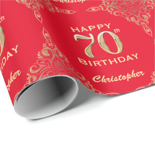 70th Birthday Red and Gold Glitter Frame Wrapping Paper