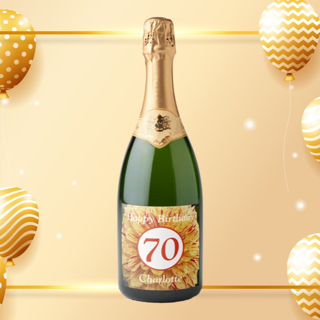 70th Birthday Red and Yellow Dahlia Personalised Sparkling Wine Label (In Situ Party)
