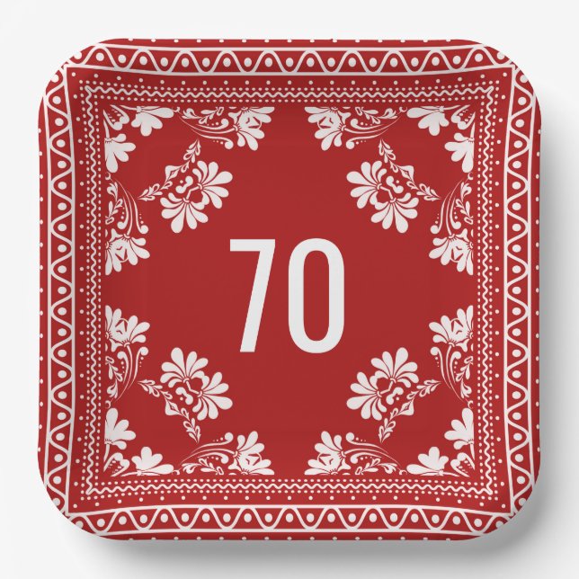 70th Birthday Red Bandanna Paper Plate (Front)