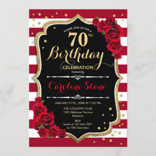 70th Birthday - Red Gold Black White Stripes Roses Invitation