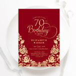 70th Birthday Red Gold Roses Invitation<br><div class="desc">Red gold elegant 70th birthday party invitation. Classy design featuring roses,  faux gold foil and typography script font. Trendy invite card perfect for a stylish female bday celebration. Personalise with your own details. Can be customised to any age. Printed Zazzle invitations or instant download digital printable template.</div>