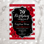 70th Birthday - Red Silver Black W Stripes Roses Invitation<br><div class="desc">70th Birthday Invitation.
Elegant marsala wine red black white design with faux glitter silver. Dark red stripes with roses. Perfect for an elegant birthday party. Can be customised to show any age!</div>