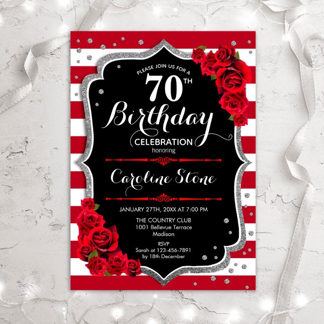 70th Birthday - Red Silver Black W Stripes Roses Invitation (Creator Uploaded)