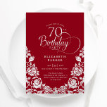 70th Birthday Red Silver Roses Invitation<br><div class="desc">Red silver elegant 70th birthday party invitation. Classy design featuring roses,  faux silver foil and typography script font. Trendy invite card perfect for a stylish female bday celebration. Personalise with your own details. Can be customised to any age. Printed Zazzle invitations or instant download digital printable template.</div>