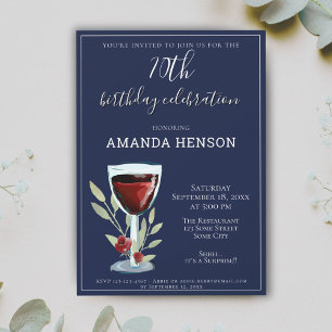 70th Birthday Red Wine Navy Blue Party Invitation