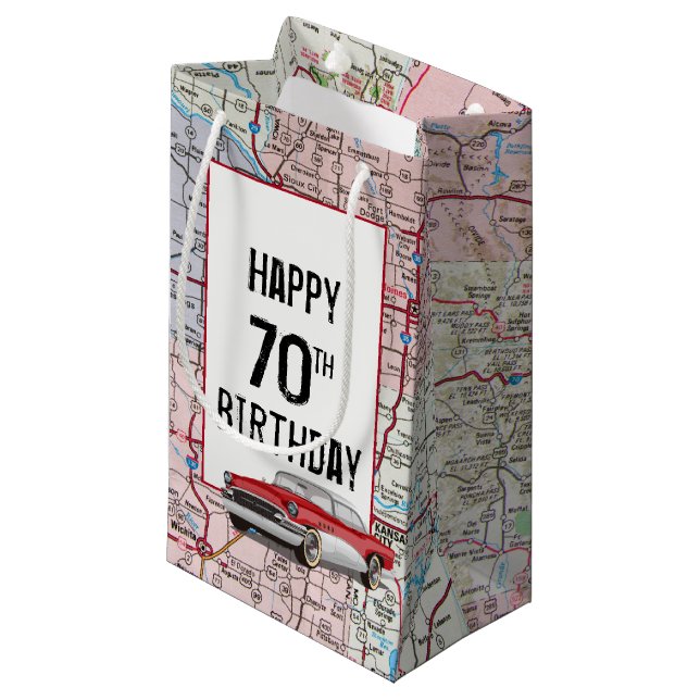 70th Birthday Retro Buick On Map Small Gift Bag (Front Angled)