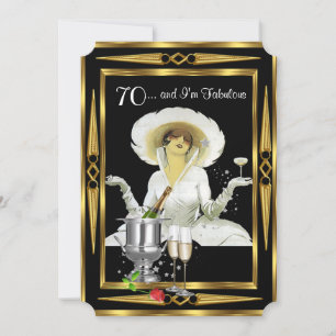 70th Birthday Retro Diva Art Deco Black Gold Invitation