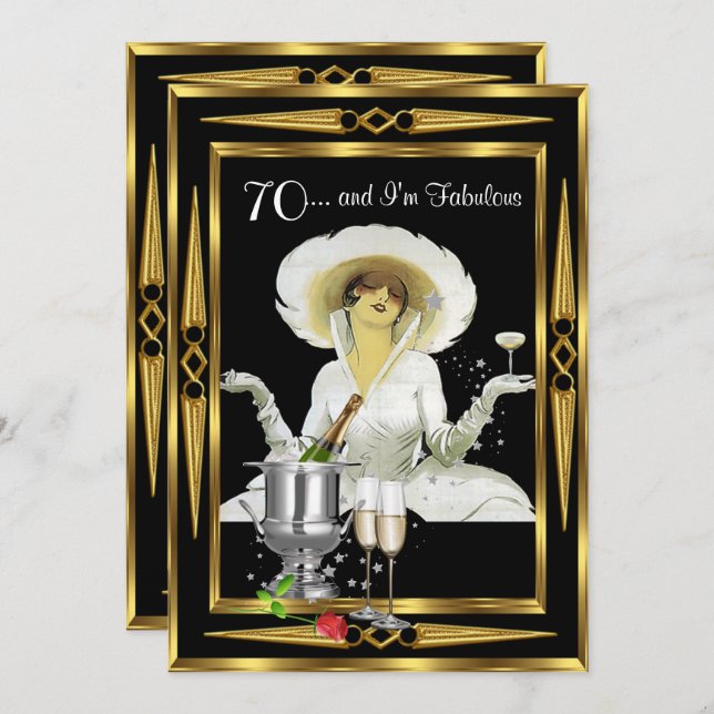 70th Birthday Retro Diva Art Deco Black Gold Invitation (Front/Back)