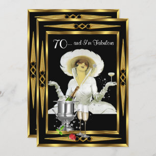 70th Birthday Retro Diva Art Deco Black Gold Invitation