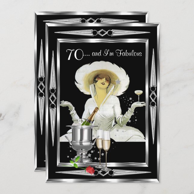 70th Birthday Retro Diva Art Deco Black Silver Invitation (Front/Back)