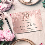 70th birthday rose glitter save the date announcement postcard<br><div class="desc">A feminine Save the Date card for a 70th birthday party. Rose gold gradient background decorated with rose gold and faux silver glitter drips. Personalise and add a date and name/text. The text: Save the Date is written with a large trendy hand lettered style script with swashes. Number 70 with...</div>