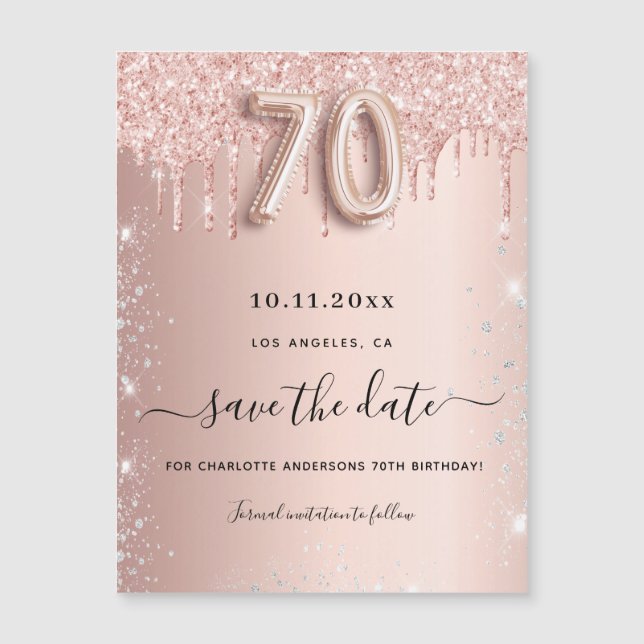 70th birthday rose glitter save the date magnet (Front)