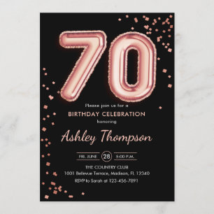 70th Birthday - Rose Gold Balloons Black Invitation