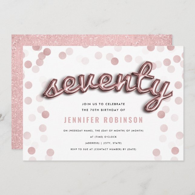 70th Birthday Rose Gold Balloons Glitter Invitation (Front/Back)