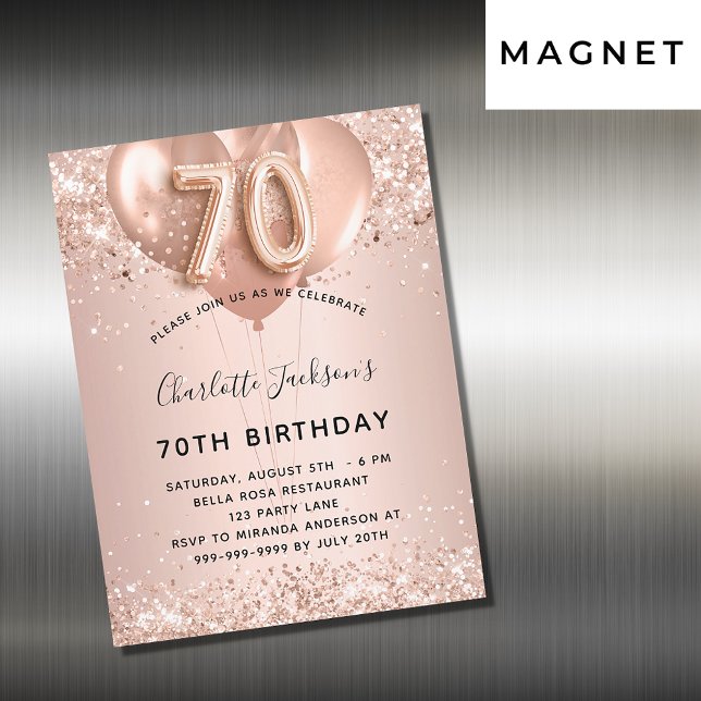 70th birthday rose gold balloons invitation magnet (Creator Uploaded)