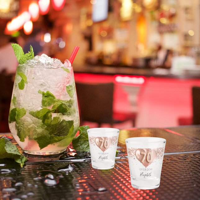 70th birthday rose gold balloons name shot glass (Creator Uploaded)