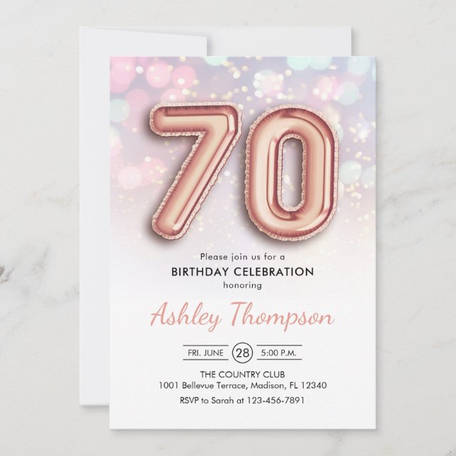 70th Birthday - Rose Gold Balloons Pink Lights Invitation (Front)