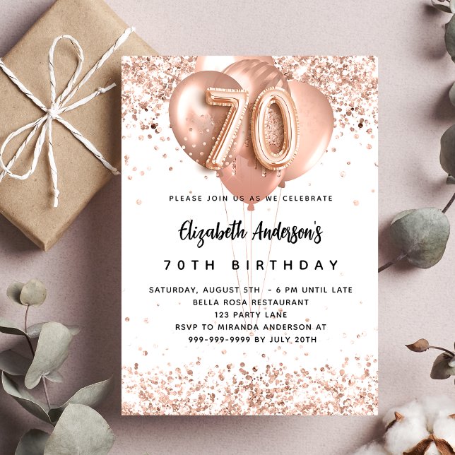 70th birthday rose gold balloons white sparkles invitation (Creator Uploaded)
