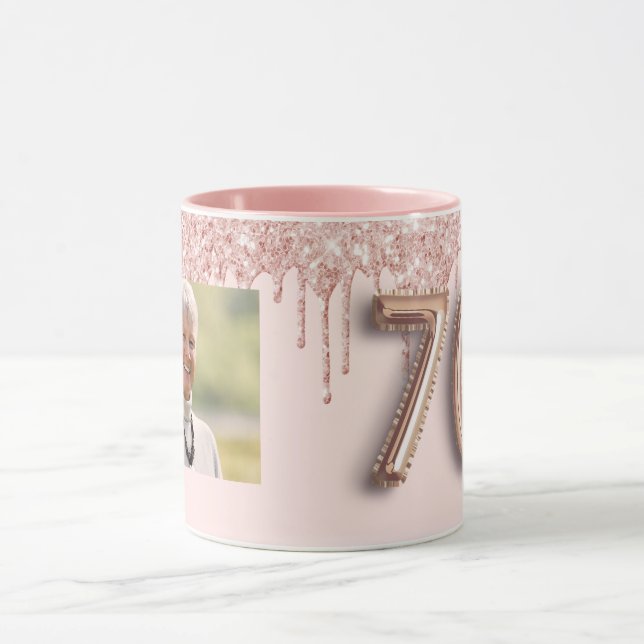 70th birthday rose gold blush glitter drips photo mug (Center)