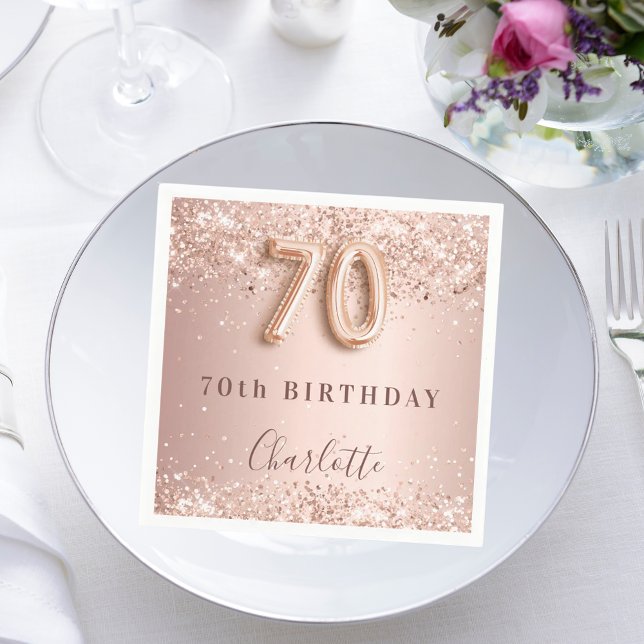 70th birthday rose gold blush glitter name napkin (Creator Uploaded)