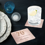 70th birthday rose gold blush name square paper coaster<br><div class="desc">Elegant,  classic,  glamourous for a 70th birthday party.  Rose gold and blush gradient background. Decorated with rose gold confetti.  Personalise and add a name.   The name is written with a modern dark rose coloured hand lettered style script.   Number 70 is written with a balloon style font.</div>