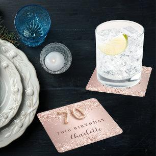 70th birthday rose gold blush name square paper coaster