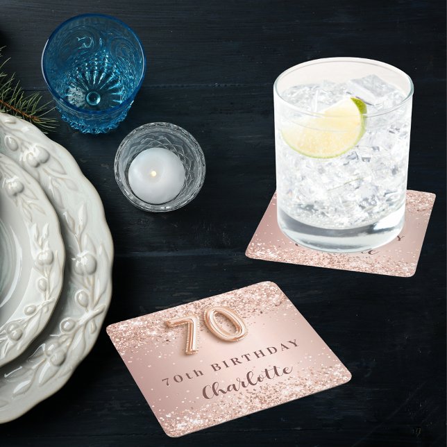 70th birthday rose gold blush name square paper coaster (Creator Uploaded)