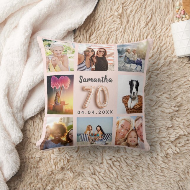 70th birthday rose gold blush photo collage cushion (Blanket)