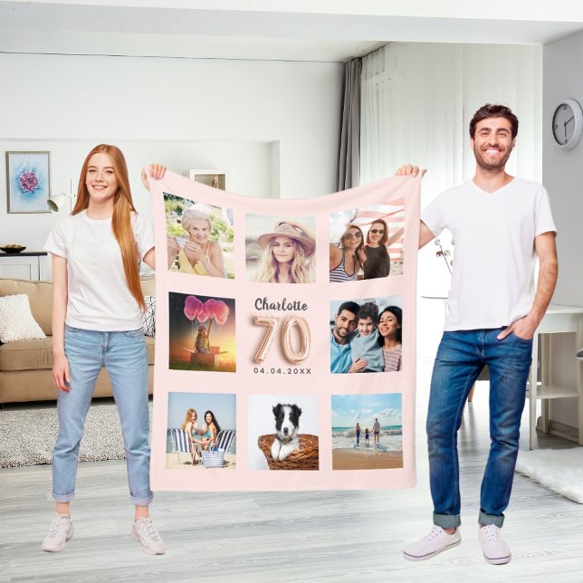 70th birthday rose gold blush photo collage name fleece blanket (Creator Uploaded)